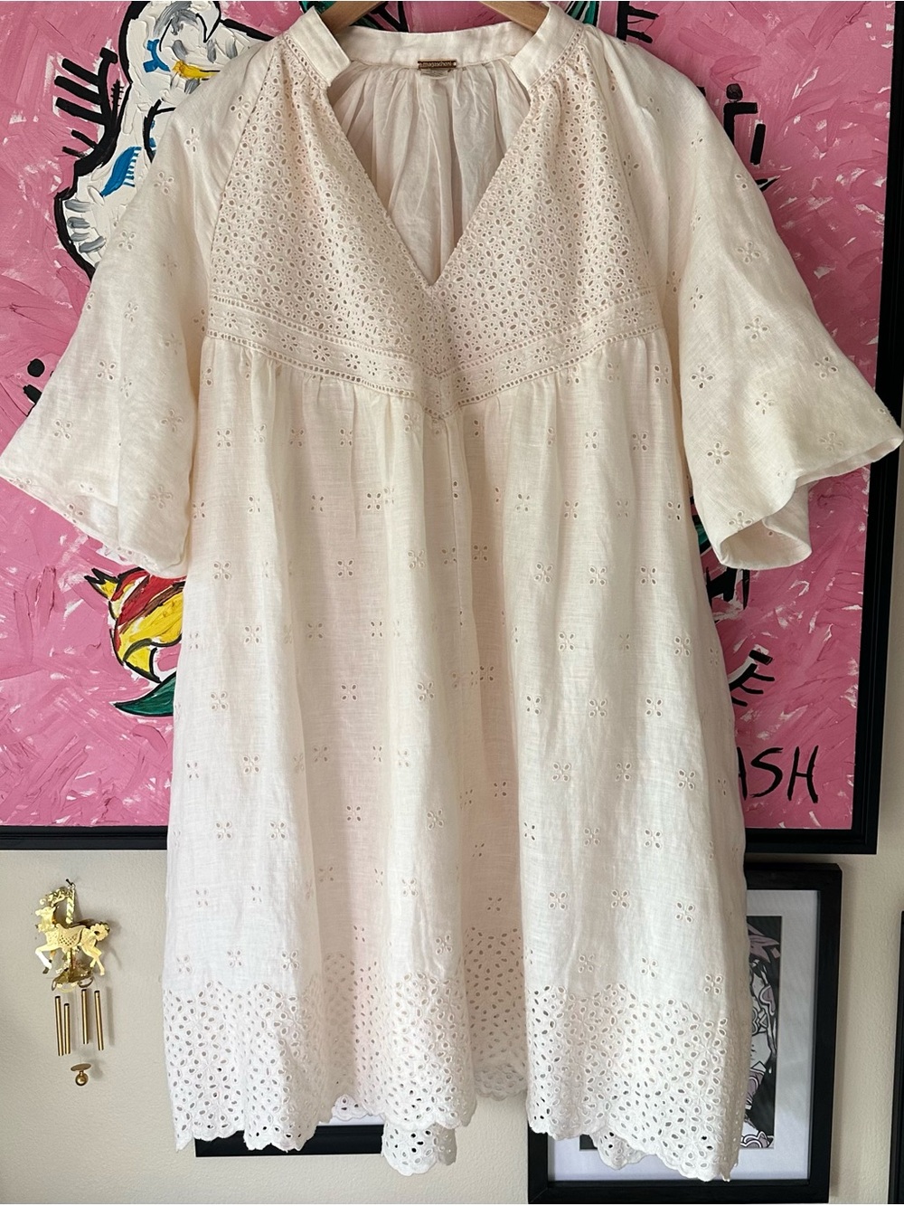 100% cream linen eyelet magaschoni dress w cotton lining / size large
